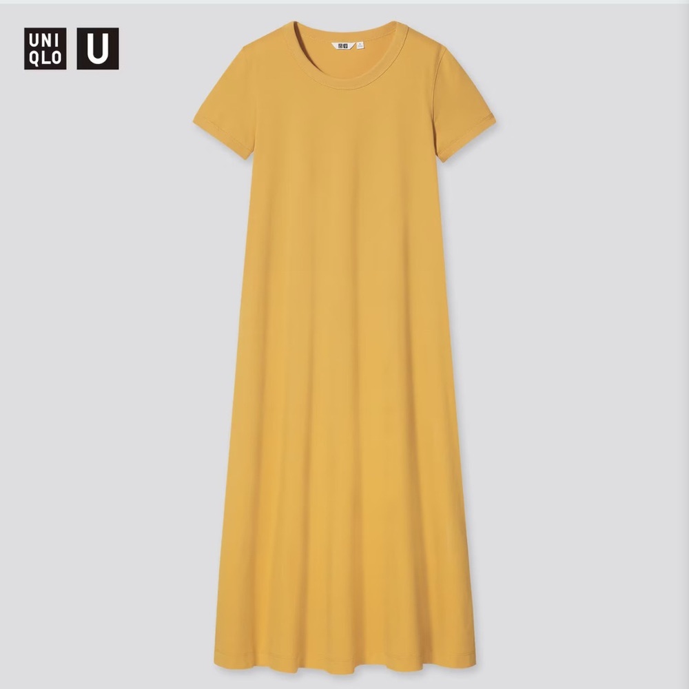 Uniqlo U Mustard Yellow Maxi Dress Minimalist Short Sleeve XS - Picture 2 of 8